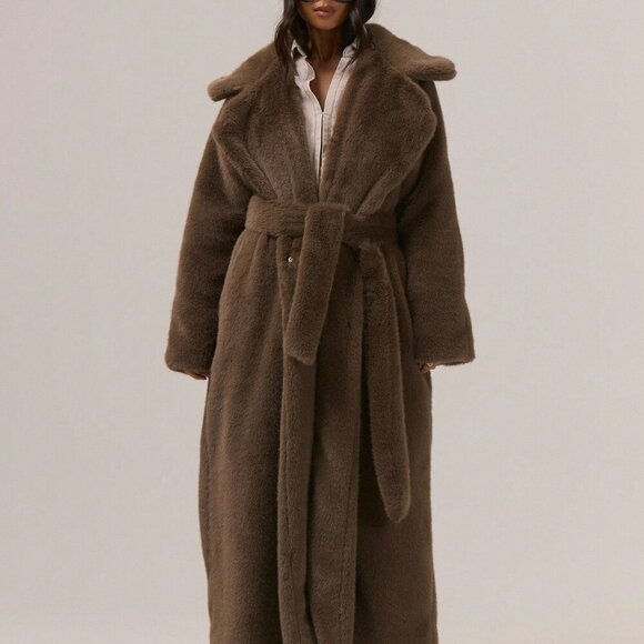 MODA ME COUTURE Jackets & Blazers - Coffee Brown Women's Elegant Oversized Loose Fit Belted Fuzzy Fur Maxi Coat